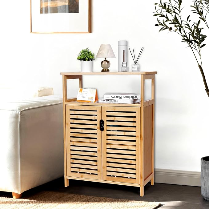 Bamboo Storage Cabinet with Doors, Floor Freestanding Cabinet