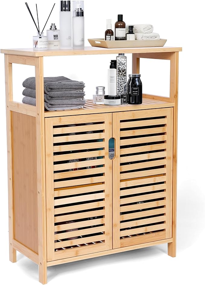 Bamboo Storage Cabinet with Doors, Floor Freestanding Cabinet