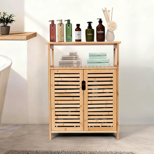 Bamboo Storage Cabinet with Doors, Floor Freestanding Cabinet