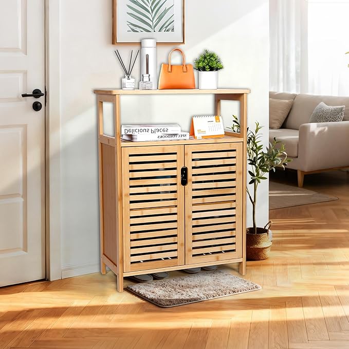 Bamboo Storage Cabinet with Doors, Floor Freestanding Cabinet