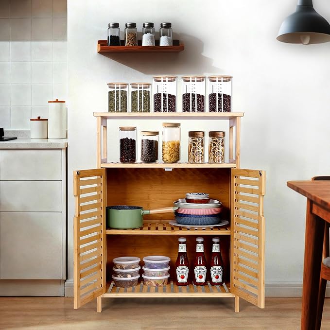 Bamboo Storage Cabinet with Doors, Floor Freestanding Cabinet
